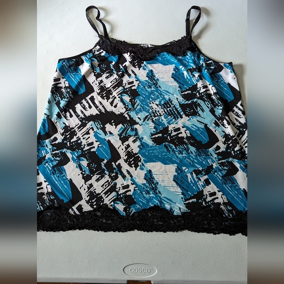 Blue, white and black cami with black lace - Picture 1 of 3